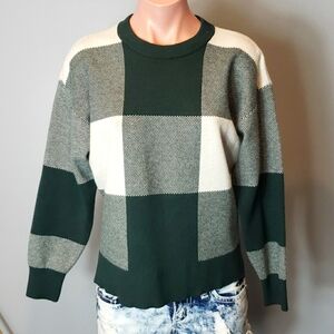 Tahari Plaid Green Sweater Crew Neck Casual Comfy Large